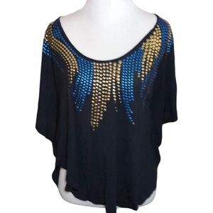 Free People Gold & Blue Studded Batwing Top SZ M